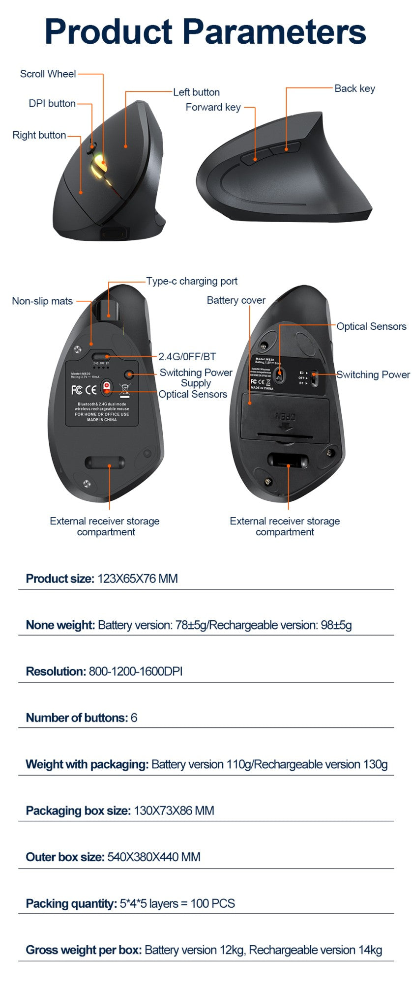 2.4GHz Bluetooth Wireless Mouse Rechargeable Vertical Mice Ergonomic 3Adjustable 1600DPI 6Buttons for Laptop PC Computer Desktop