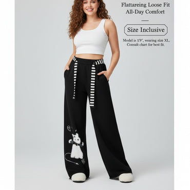 Cat Sweatpants Women Black Wide Leg Cute Casual Pants American Lazy Loose Fit Streetwear Spring Summer Trendy Unisex Outfit New