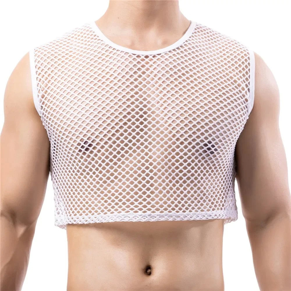 Mens Transparent Fishnet Crop Top Sexy Mesh Hollow Out Tank Tops Gym Fitness Sleeveless Undershirts T-shirts Nightclub Mini Vest