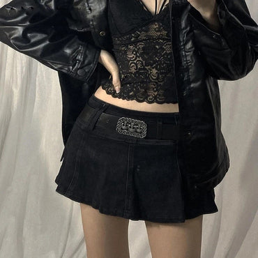 Goth Pastel Micro Skirts Low Rise Black ?Pocket Patchwork A-Line Skirt Aesthetic Outfit Vintage Harajuku Streetwear Style y2k