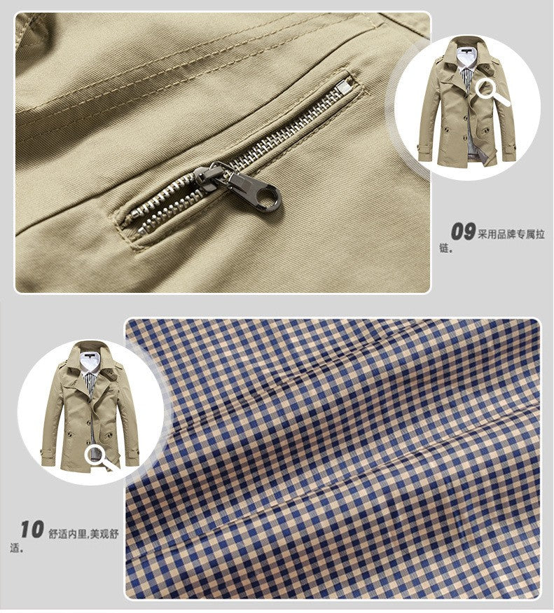 Men's Spring and Autumn New Fashion Casual Cotton Trench Coat, Solid Color Lapel Single-breasted Mid-long Splicing Trench Coat