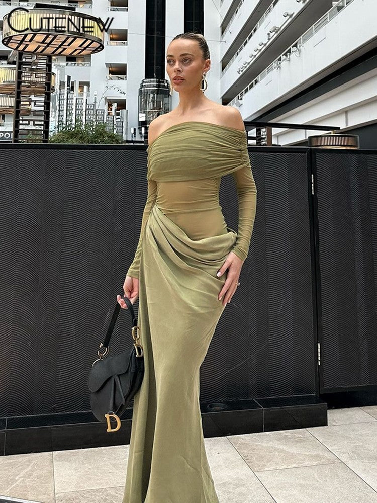 Cutenew Mesh Ruched Women Maxi Dress Sexy See Through Off Shoulder Long Sleeve S