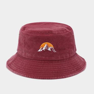 1 "sunrise" printed washed retro sunshade embroidered fisherman hat outdoor fashion accessory, made of polyester fabric