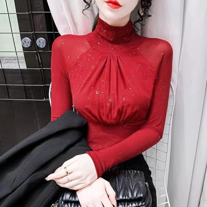 Korean fashion Women Mesh top High neck Sexy Black bottoming t shirt Casual Bright silk Lady shirt Blusa