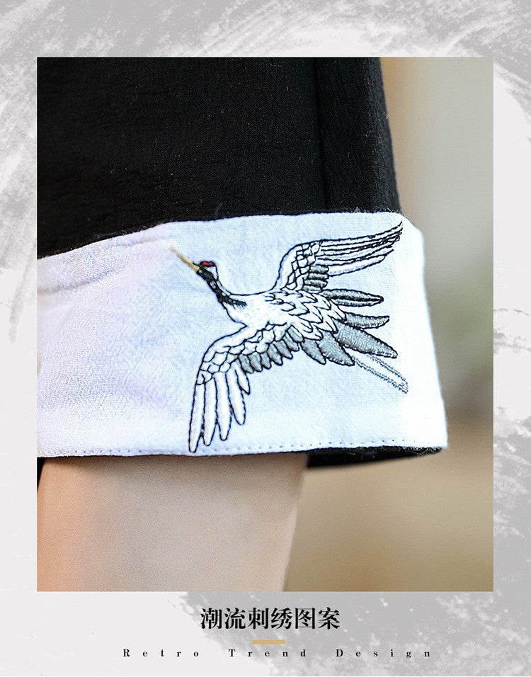 New Crane Embroidery Top Traditional Chinese Clothing for Men Vintage Half Sleeve Linen Shirts Solid Madarin Collar Hanfu Kungfu