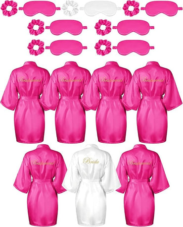 7 Pcs Bridesmaid Robe Sets Bride Silk Satin Bridal Party with Sleeping Eye Mask and Elastic Headband