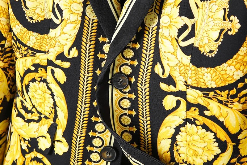Luxury Brand Gold Floral Black Blazer Jacket High Quality Men Women Peak Lapel Baroque Suit Jacket for Wedding Party Prom