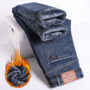 Calça Jeans Masculina Forrada de Lã, Grossa e Quente, Reta, Slim, Elástica, Casual, Masculina, Moda, Pelúcia