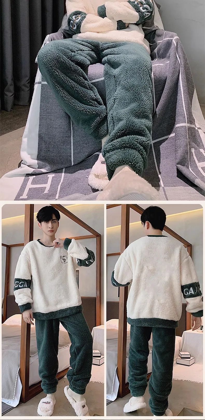 Thickened Warm Sleepwear for Winter Coral Velvet Autumn and Winter Men Flannel Loungewear Large Size 2 Piece Set Homewear