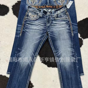 2024 European and American New Summer Blue Washed Straight-leg Casual All-match High Street Men's Denim Long Pants.