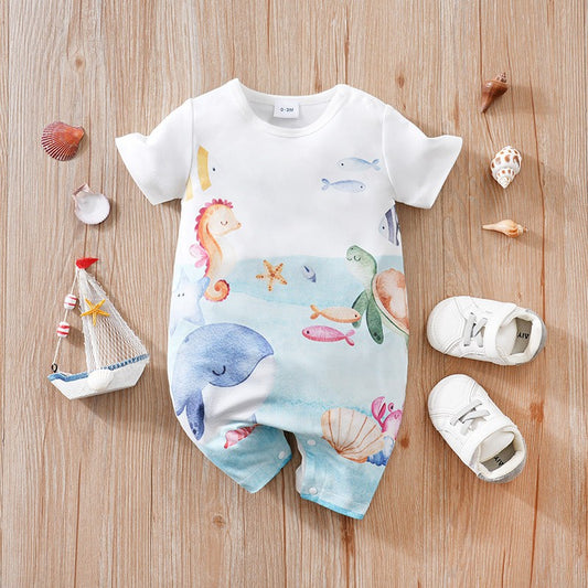 Newborn Clothing Cute Cartoon Marine Animal Print Comfortable And Soft 0-18 Boys And Girls Summer Short Sleeved Baby Jumpsuit