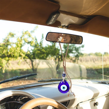 Good Luck Charm Glass Car Decoration Rear View Mirror Evil Eye Hemp Rope Navy Blue Hanging Ornament