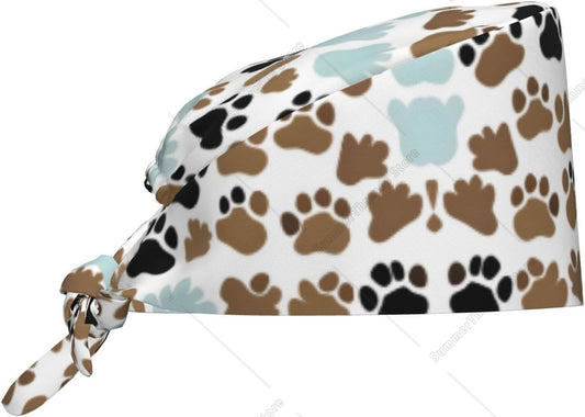 Toucas Cirúrgicas Premium Forradas de Cetim com Ossos de Cachorro e Pegadas - Toucas Confortáveis e Estilosas para Homens e Mulheres Preto