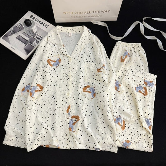 Harajuku Style Kawaii Sweet Loungewear 2 PC Set Line Star Dog Print Cute Casual Women's Pajamas Autumn Long New Fashion Homewear