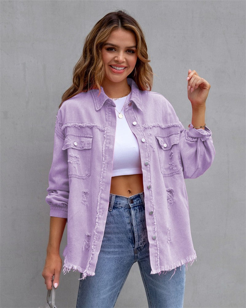 2023 Holes Raw-edges Denim Jacket Women Spring Autumn Shirt Style Jeancoat Casual Top Rose-Red Orange Purple Outerwear Lady Coat