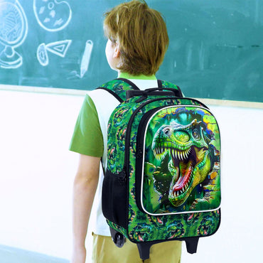 3Pcs Dinosaur Rolling Backpack for Boys, Kids School Backpacks with Wheels, Roller Bookbag for Elementary Preschool(Green)