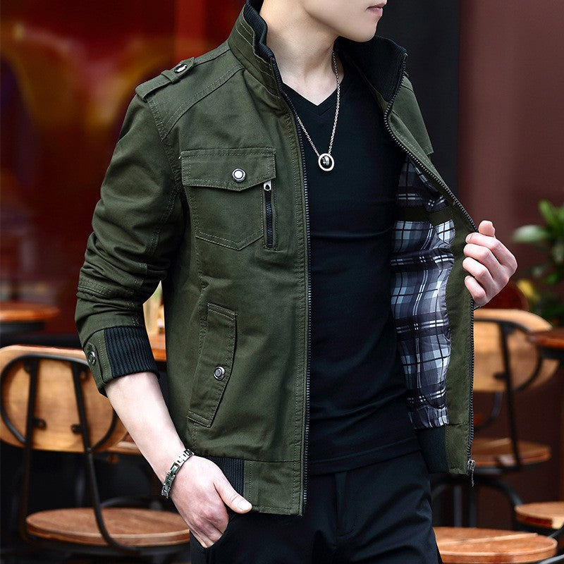 Korean Fashion Stand-up Collar Denim Cargo Coat 2023 Spring Autumn New Men's Jacket Men's Zipper Pocket Stitching Slim Jacket