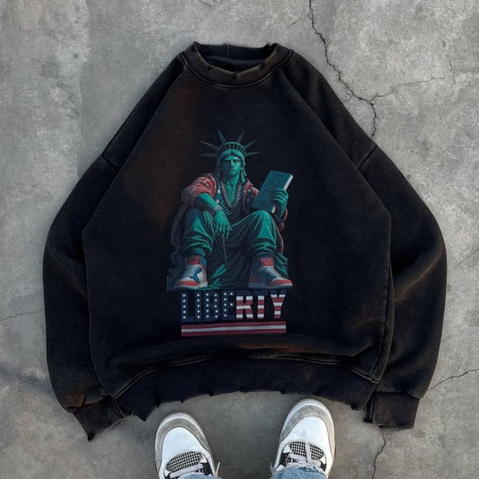 Y2K Washed Distressed Black Round Neck Pullover Sweatshirt Men Women Casual Goth Harajuku Hip Hop Character Graphic Print Hoodie