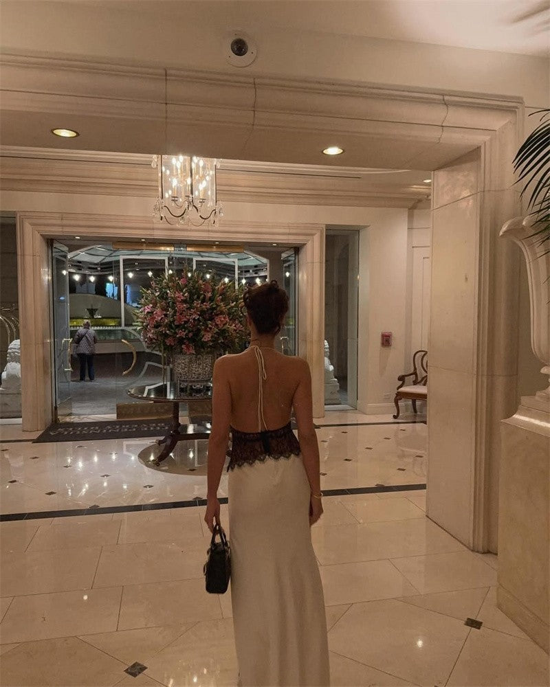 Mozision Summer Backless Sexy Maxi Dress Women Gown Patchwork Lace Halter Deep V