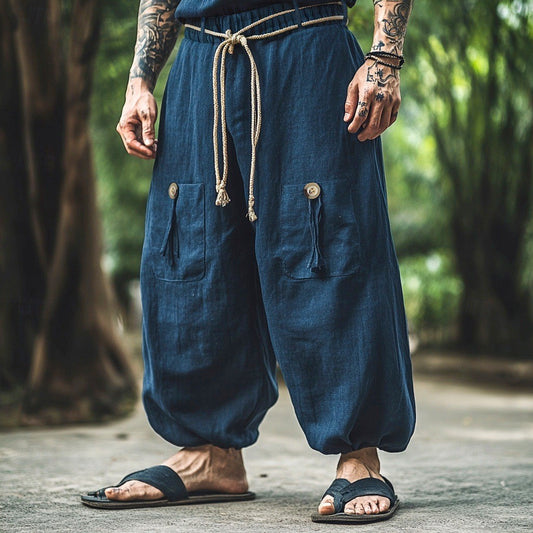 Ethnic Style Casual Cotton Linen Wide Leg Pants Spring Summer New Men's Solid Color Lace-up Baggy Pants Vintage Streetwear Male