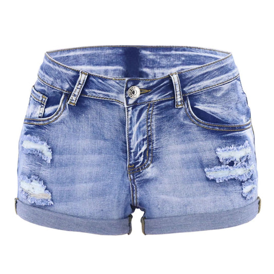 Women's Split Denim Shorts Summer Beach Wild Fashion Sexy Mid Waist Curled Cuff Perforated Elastic Slim Fit Casual Shorts