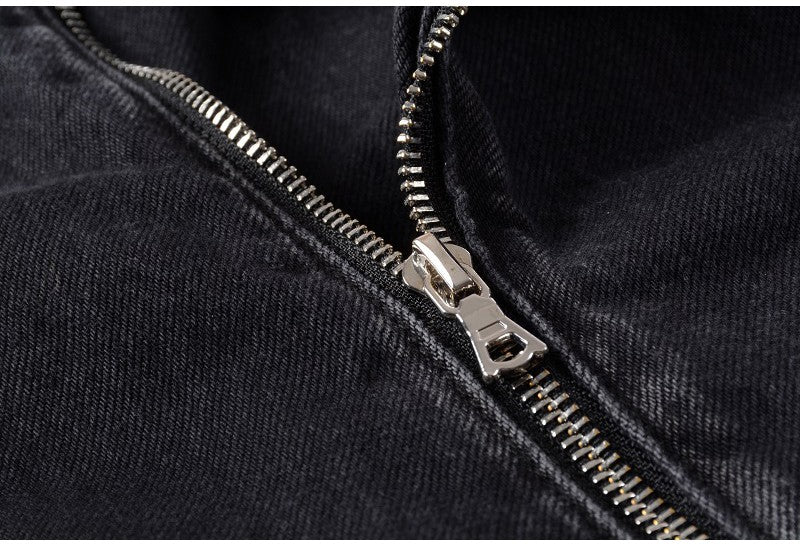 Sokotoo Men's zippers black biker jean jacket Streetwear thick denim slim coat with belt High quality