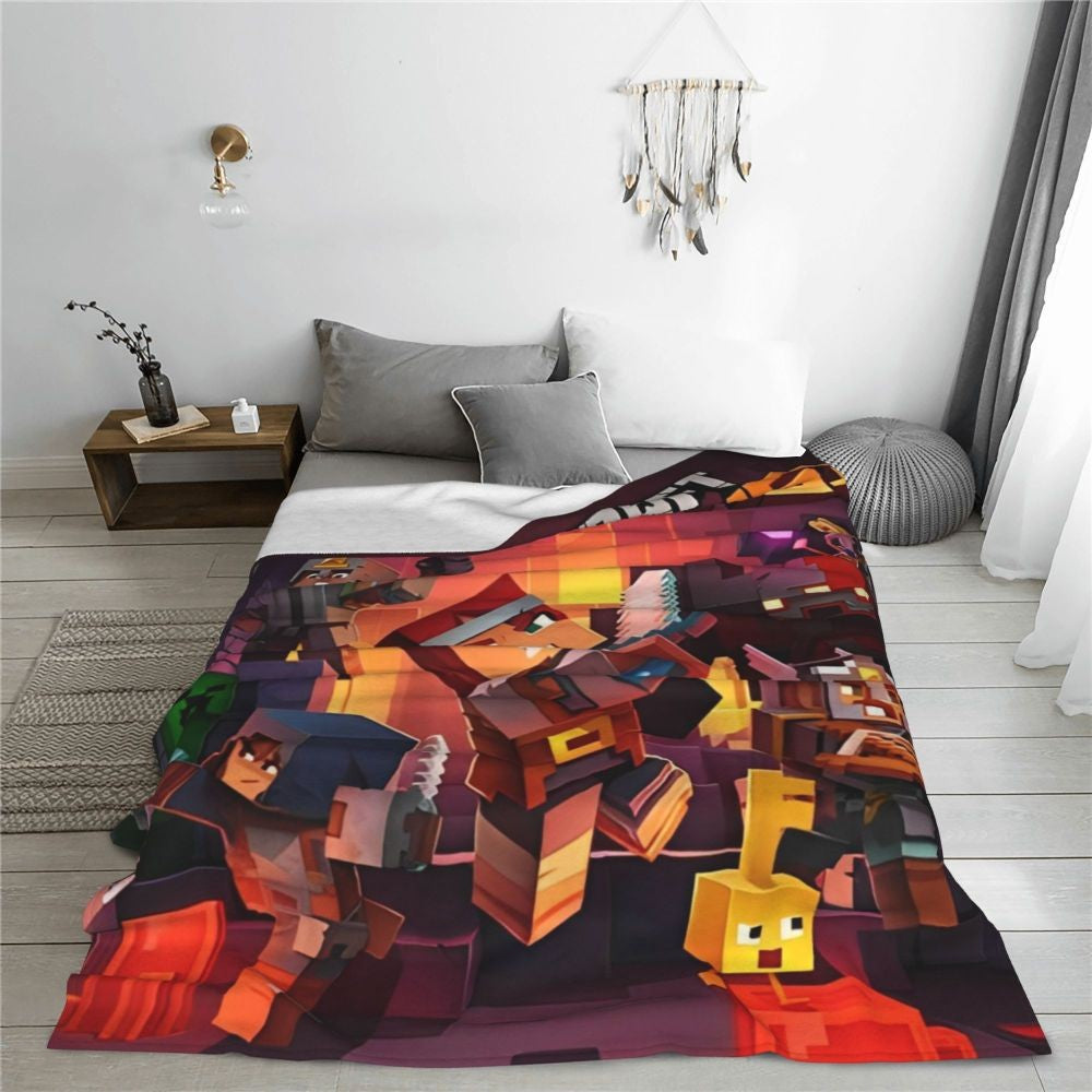 Cartoon Mines Pixel Game Crafts Flannel Blanket Super Warm Throw Blanket for Home Decor Decorative Street Trend Bedspread