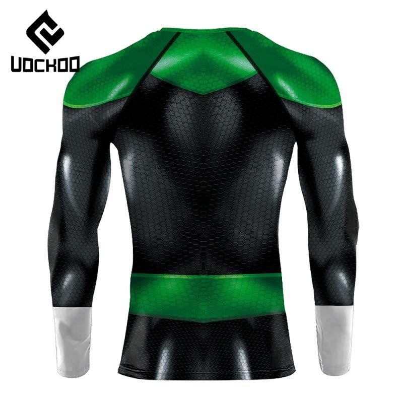 Superheroes Cosplay Costume Men Green Compression Shirts Lantern Printing Long Sleeves Tops Gym Sports Shirt Male Clothes