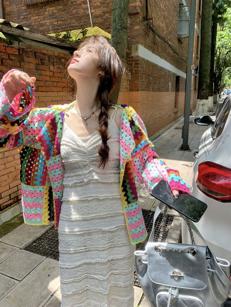 SALIENCY Colorful Crochet Knit Hollow Cardigan Sweater Jacket Women Spring Top Loose Short Knitwear