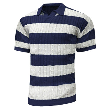Men's Polo Short Sleeve Retro Knit Lapel Striped Short Sleeve Fashion Popular Knitwear Casual Breathable Top US Size