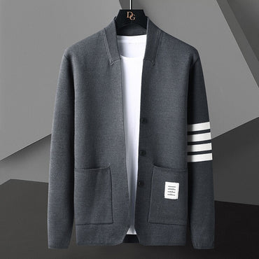High-end Autumn Cardigan Jacket for Men, Color-block Striped New Long-sleeve Button Decorative Knitwear for Middle-aged and Youn
