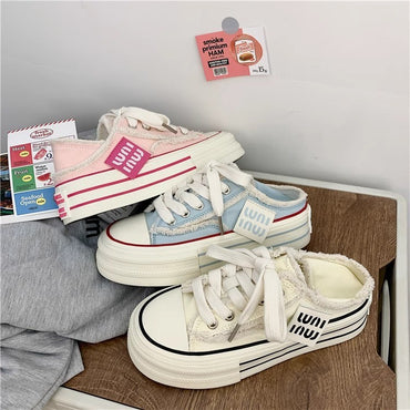 New Casual Height Increasing Platform Canvas Shoes Women Outer White Sneakers Slipper Slip on Sandals Vulcanize Shoes