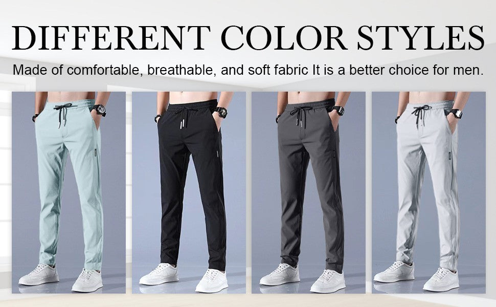 Men Fast Dry Stretch Pants Ice Silk Trousers Solid Color Mid-Waist Loose Breathable Straight-Leg Casual Pants Thin Sports Pants