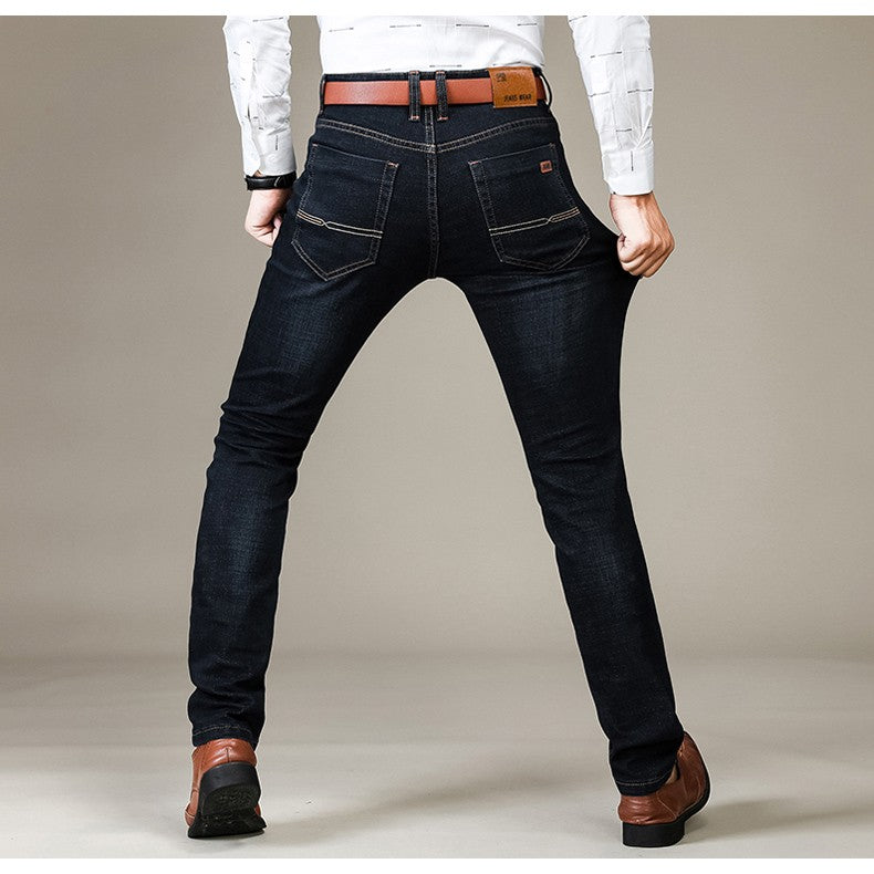 Autumn Classic Men's Fitted Stretch Jeans Business Casual Cotton Denim Straight Leg Pants Male Black Blue Trousers