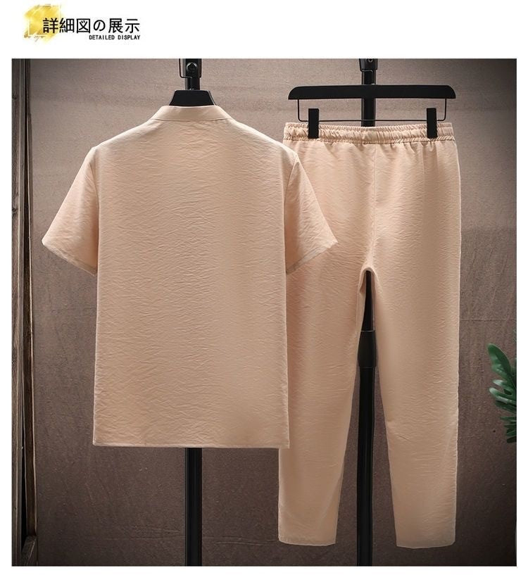 Summer New Fashion Solid Color Breathable Cotton and Linen Suit Men's Leisure Loose Sports Large Size High-Grade Two-Piece Set
