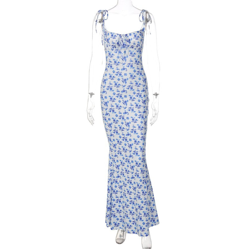 Hugcitar Floral Print Sleeveless Backless Slips Lace Up Maxi Dress Sexy Bodycon