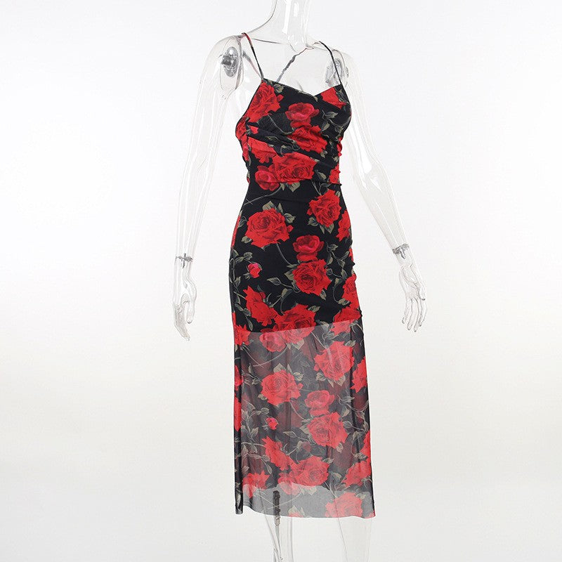 Flowers Print Spaghetti Strap Dresses Women Temperament Package Hip Bodycon Long