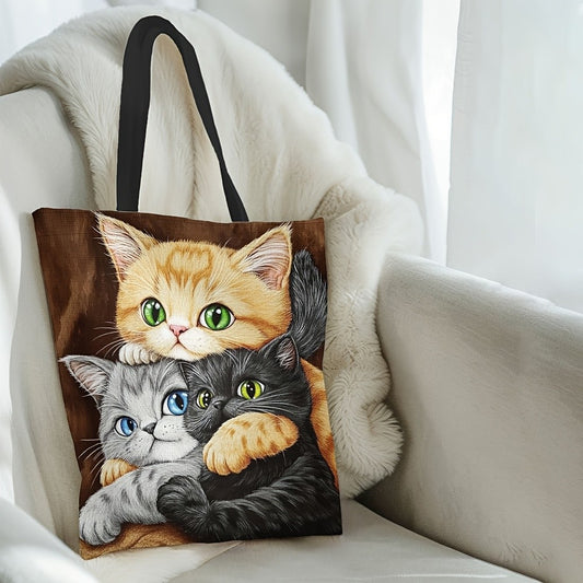 Cute Snuggling Kittens Tote Bag Durable Polyester Foldable Reusable Shopping Bag with Colorful Cat Large Capacity Handbag