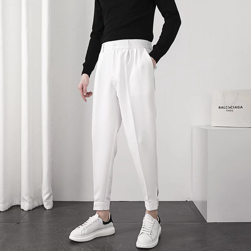 Fashion Men Pants Elastic Waist Small Feet Slim Korean Formal Pleated Tapered Male Blazer Suit Classic Pants Streetwear Trousers