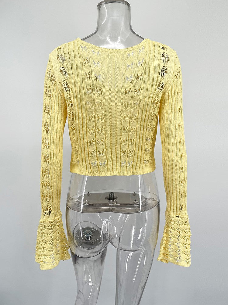 TARUXY Hollow Knitted Cardigan Women's Solid Long Sleeve V Neck Short Sweater Top Summer 2025 New Female Crochet Casual Outwear