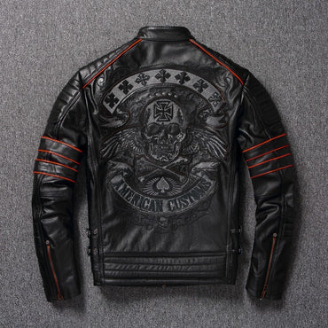 Men's Spring Original Leather Motorcycle Jacket 2025 Skull Embroidery Top Layer Cowhide Clothing Slim Fit Black Slim Male Coat