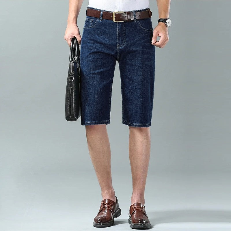 Summer Men Denim Shorts New Style Thin Embroidery Business Casual Straight  Short Jeans Male Brand Clothing Black Blue
