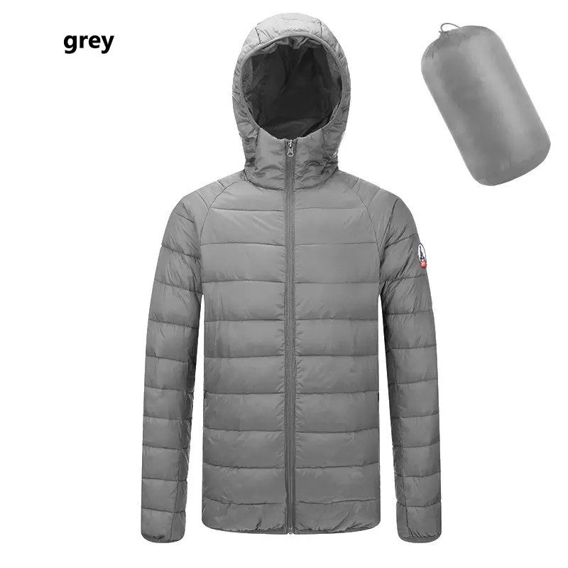 Hot Sales Europe Men Women Long sleeves Embroidery logo Zipper Front Going Out Light Thin Hooded Down Jacket Warm And Windproof