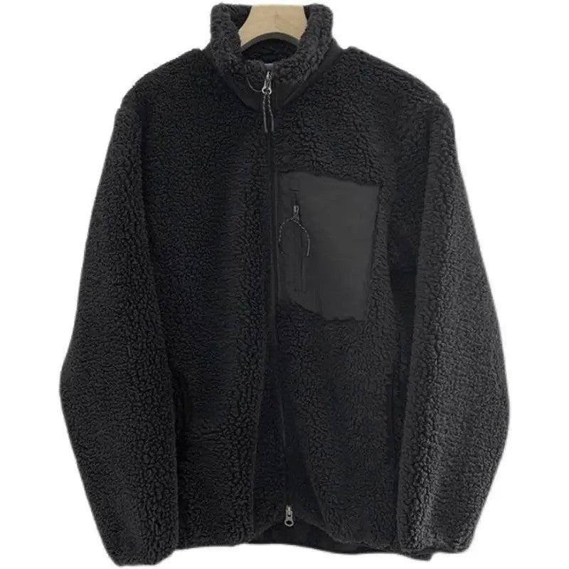 Autumn and Winter Japanese Men's and Women's Fleece Stand Neck Jacket Couple Zipper Loose Warm Lamb Wool Coat Solid Color Jacket