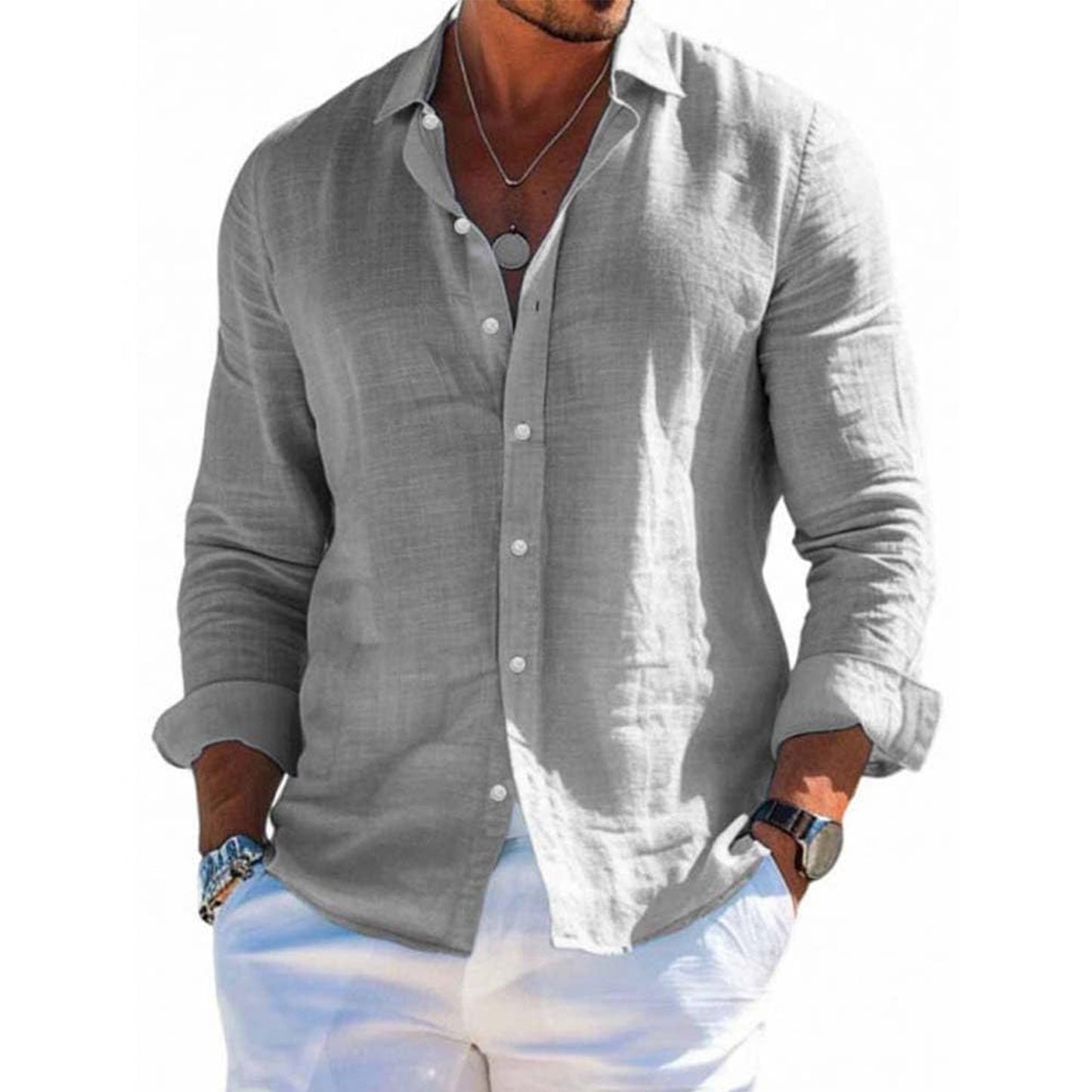 Men's tops long sleeve new style shirt cotton linen cool solid color loose lapel casual beach style cardigan spring and summer