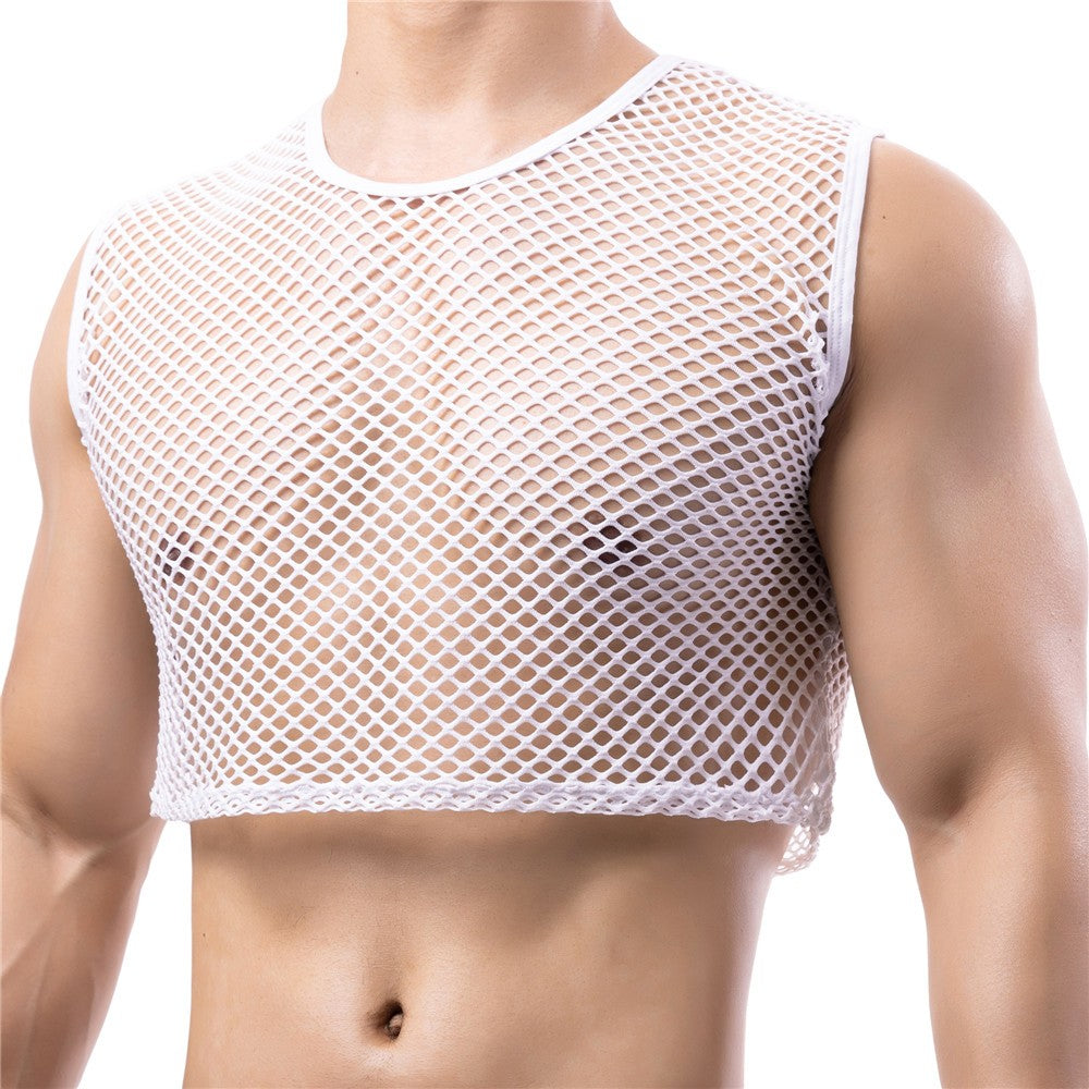 Mens Transparent Fishnet Crop Top Sexy Mesh Hollow Out Tank Tops Gym Fitness Sleeveless Undershirts T-shirts Nightclub Mini Vest