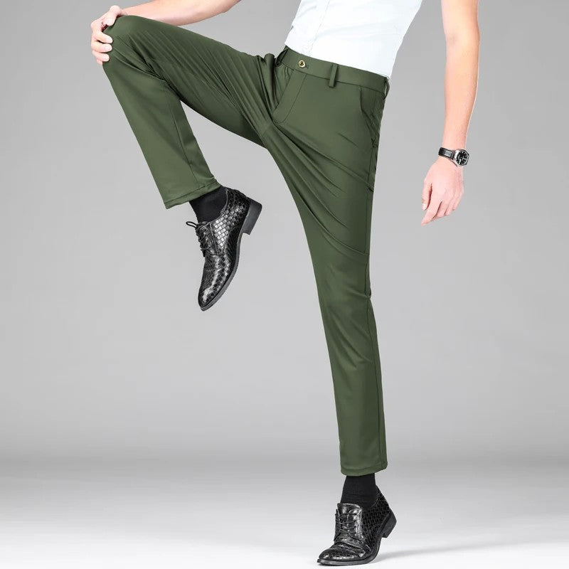 New Summer Men's Ice Silk High Stretch Business Suit Pants Male Army Green Blue Elastic Formal Office Straight Formal Trousers