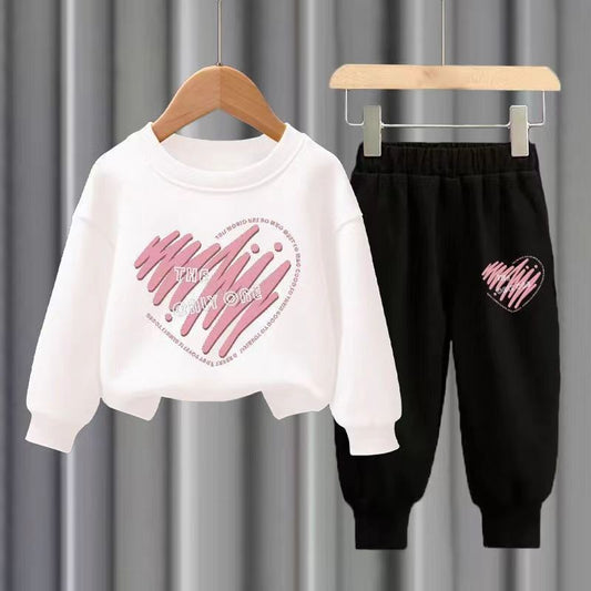 Conjuntos de 2 peças de blusa de manga comprida e calças de outono para crianças, meninos e meninas, agasalho esportivo estampado com corações para meninos e meninas