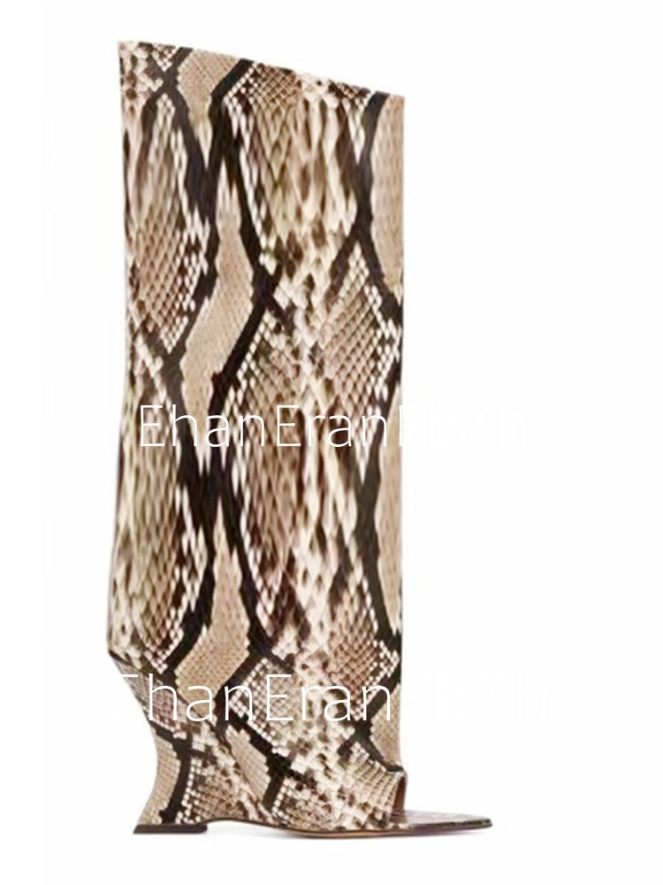 2025Ladies' Spring and Summer New Fish Mouth Slope High Heel Knee Boots, Fashionable Pointed Fashion Show Medium Cool Boots