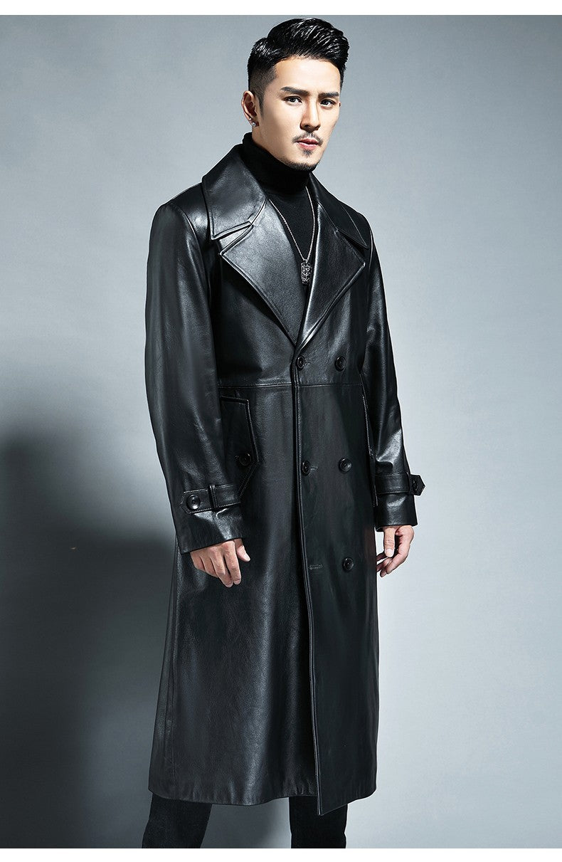Mauroicardi Spring Autumn Long Cool Waterproof Black Pu Leather Trench Coat Men Double Breasted Plus Size Outerwear 4xl 5xl 2022